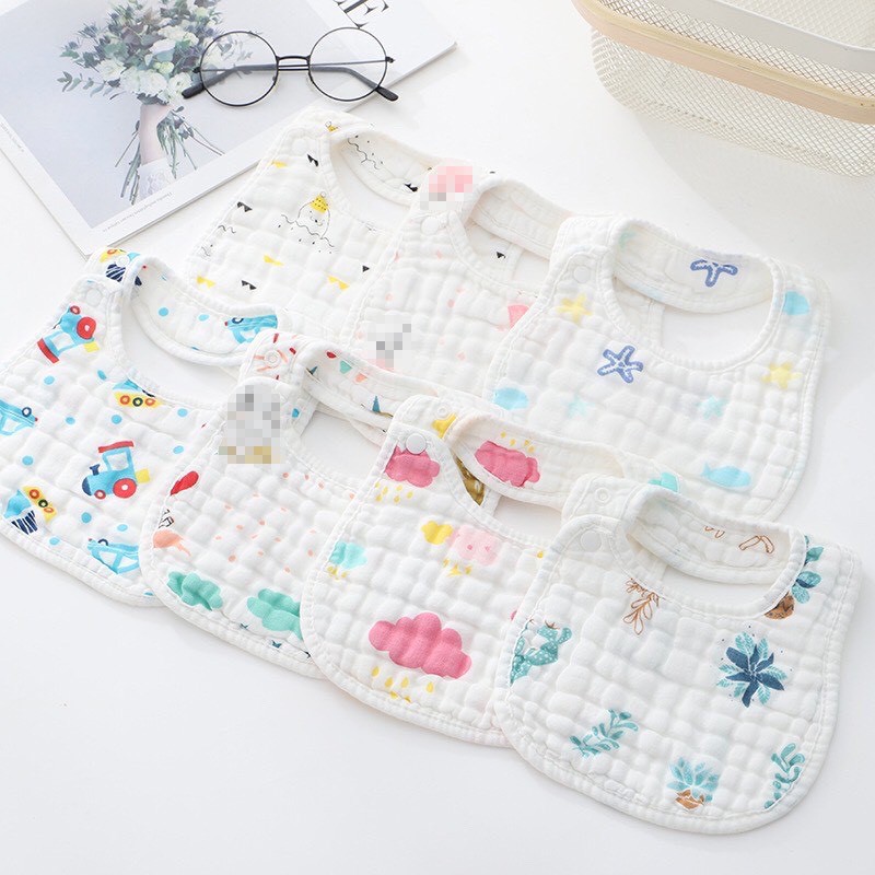 Yếm ăn dặm cho bé chữ U vải xô 8 lớp dày dặn siêu thấm hút có cúc bấm nhiều hình kute Bunakids Y05