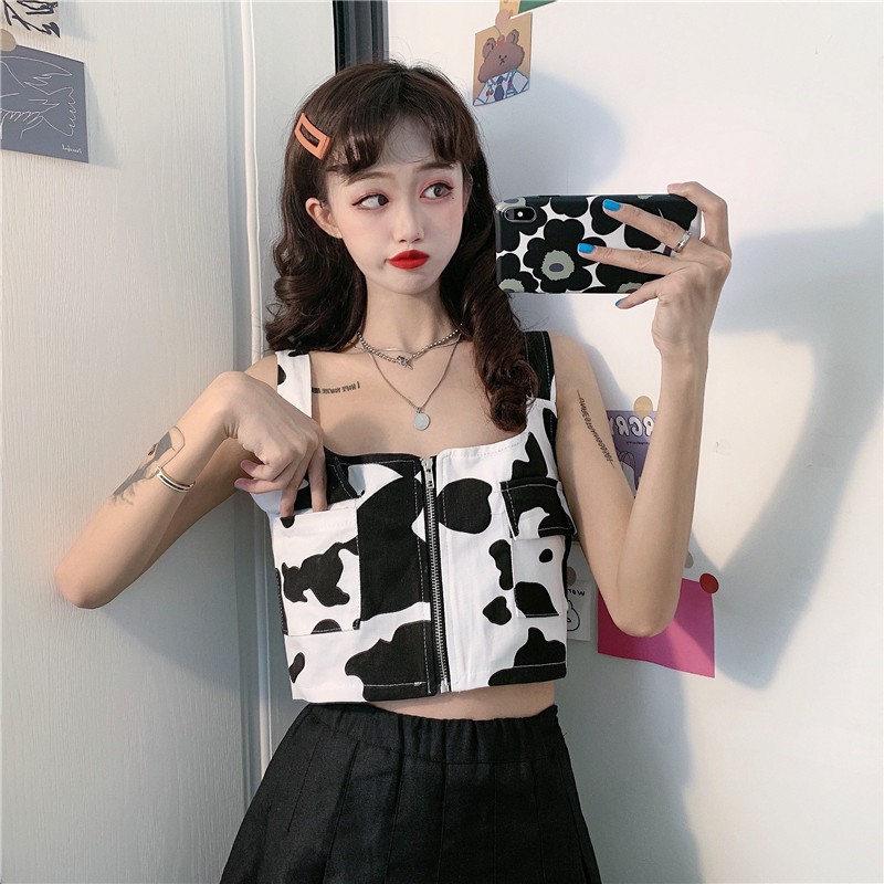 Áo 2 dây croptop sát nách trắng đen màu bò sữa có dây kéo giữa ulzzang