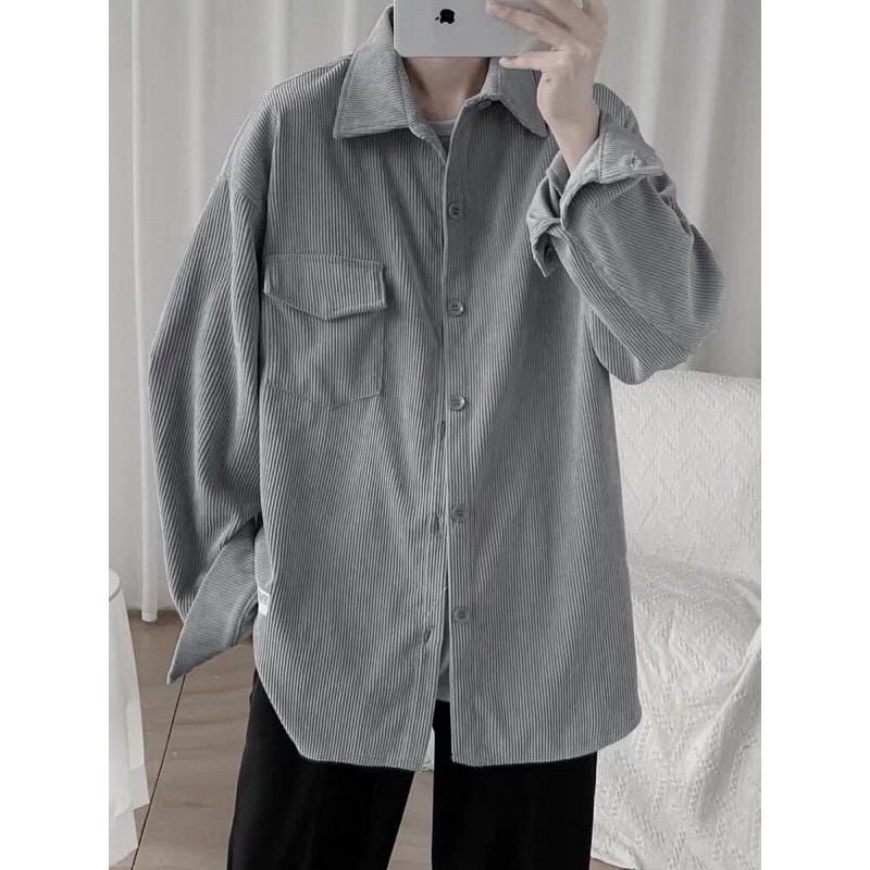 Áo Sơ Mi Nhung Gân Tăm Phong Cách Retro Hàn Quốc Form Rộng Unisex Nam Nữ Ulzzang | WebRaoVat - webraovat.net.vn