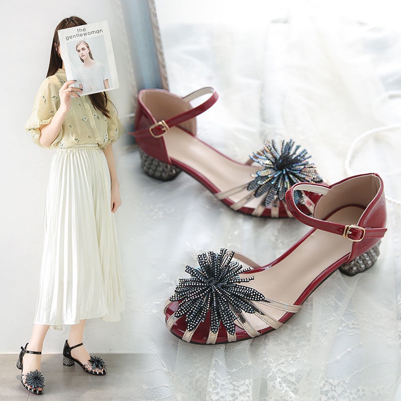 Giày Sandal Gót Vừa Dày Có Khóa Gài Đính Đá Thời Trang Mùa Hè 2021 Cho Nữ
