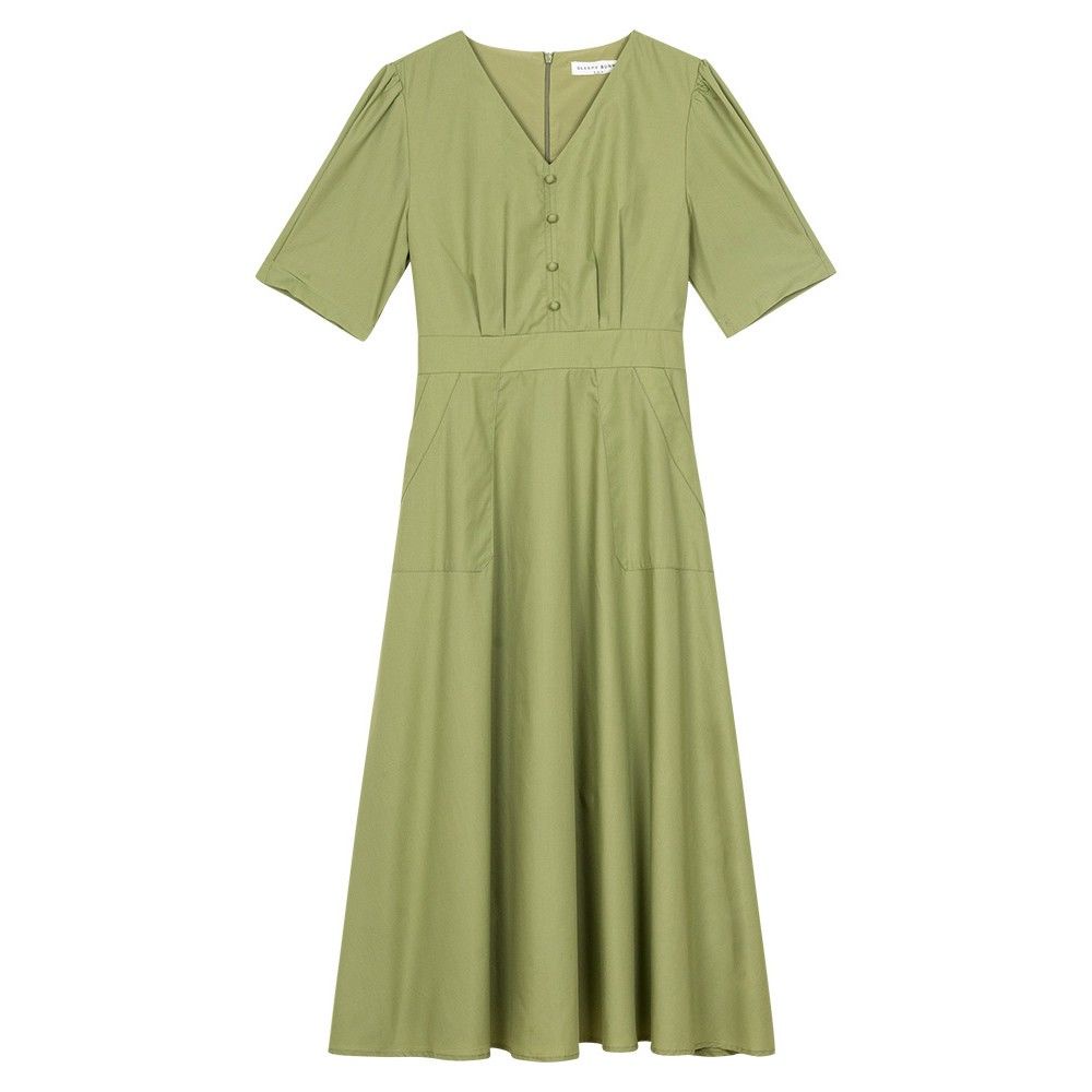 Đầm Midi Dáng Chữ A Tay Ngắn Cổ Chữ V Màu Xanh Lá Phong Cách Retro