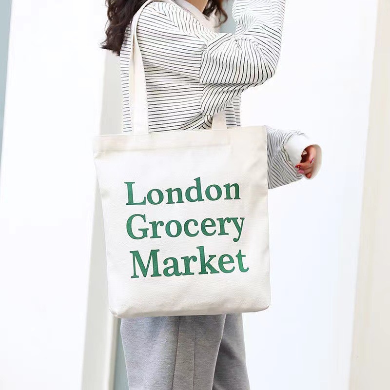 Túi Tote Vải Canvas Nữ phong cách Ulzzang In chữ LONDON Có Khóa Kéo chất liệu dày dặn