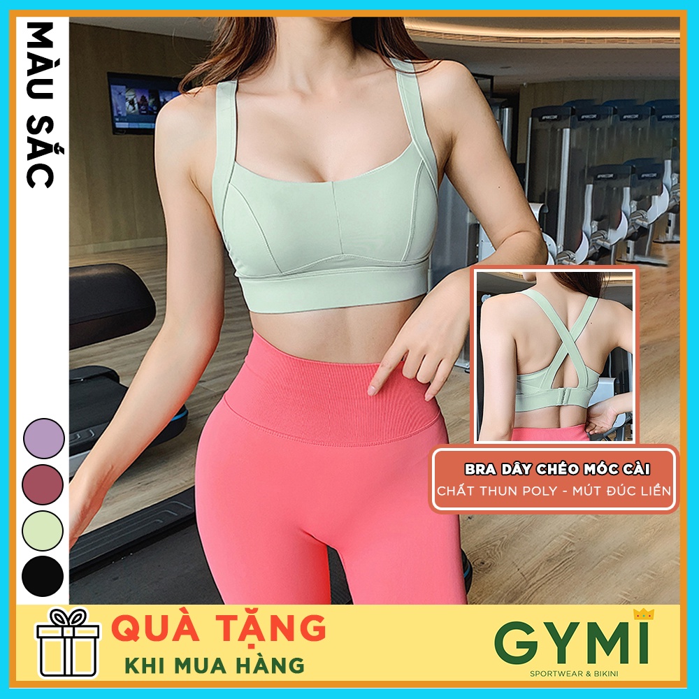 Áo bra tập gym yoga nữ GYMI AL36 mút ngực may liền cố định 2 dây đan chéo chất thun poly nâng đỡ ngực