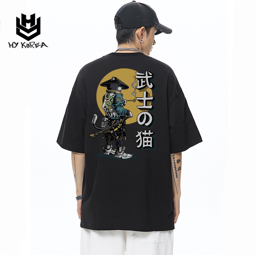 Áo Thun Tay Lỡ Unisex 100 Cotton HY Korea Form Rộng Thoáng Mát In Hình Mèo Chữ Nhật 526.