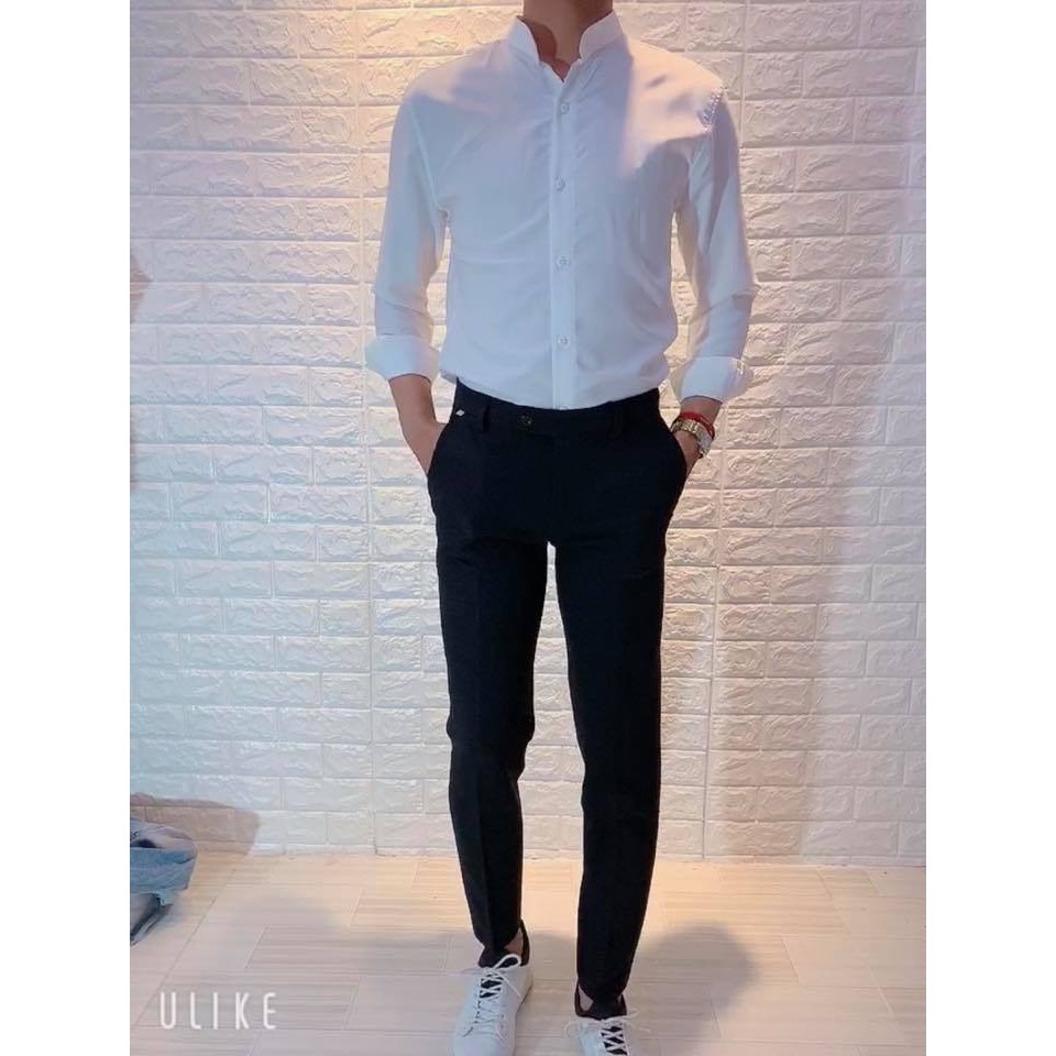 sơ mi nam cổ tàu chất liệu lụa thái cao cấp màu đen và màu trắng vải bóng nhẹ mềm mặc mát không nhăn | BigBuy360 - bigbuy360.vn