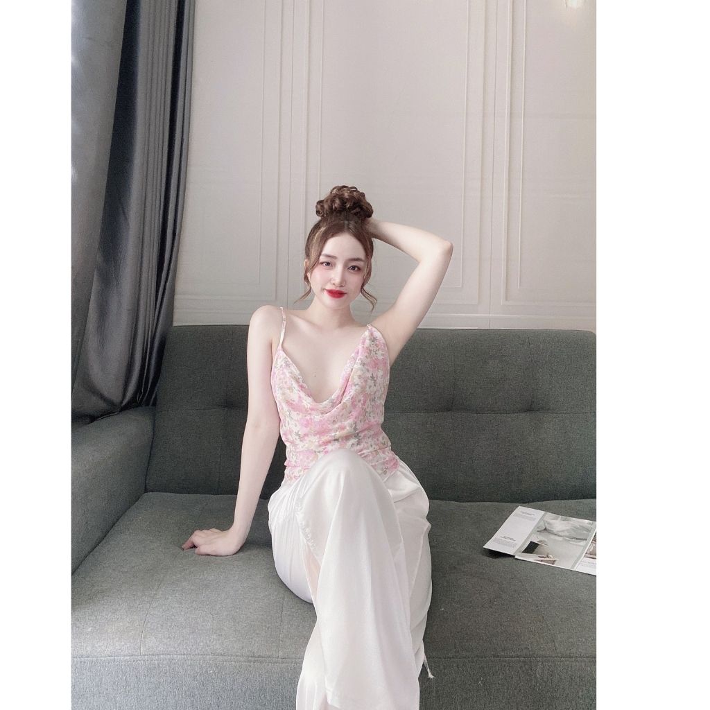 Đồ ngủ nữ sexy bộ lụa mặc nhà 2 dây quần dài cổ yếm đỗ gợi cảm chất lụa sation phối chiffon cao cấp