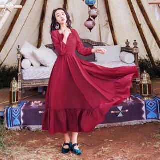 ĐẦM MAXI VINTAGE ĐỎ DÁNG DÀI BÁNH BÈO CỰC HOT