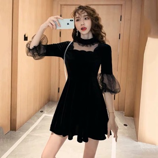 [Hàng oder] Váy đen cổ tròn mix voan