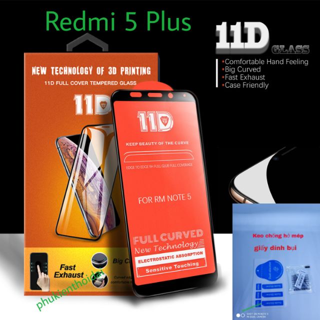 Cường lực 19D Redmi 5 Plus Full màn Full keo Ôm viền 2.5D cao cấp ( tặng keo mép giấy lấy bụi )