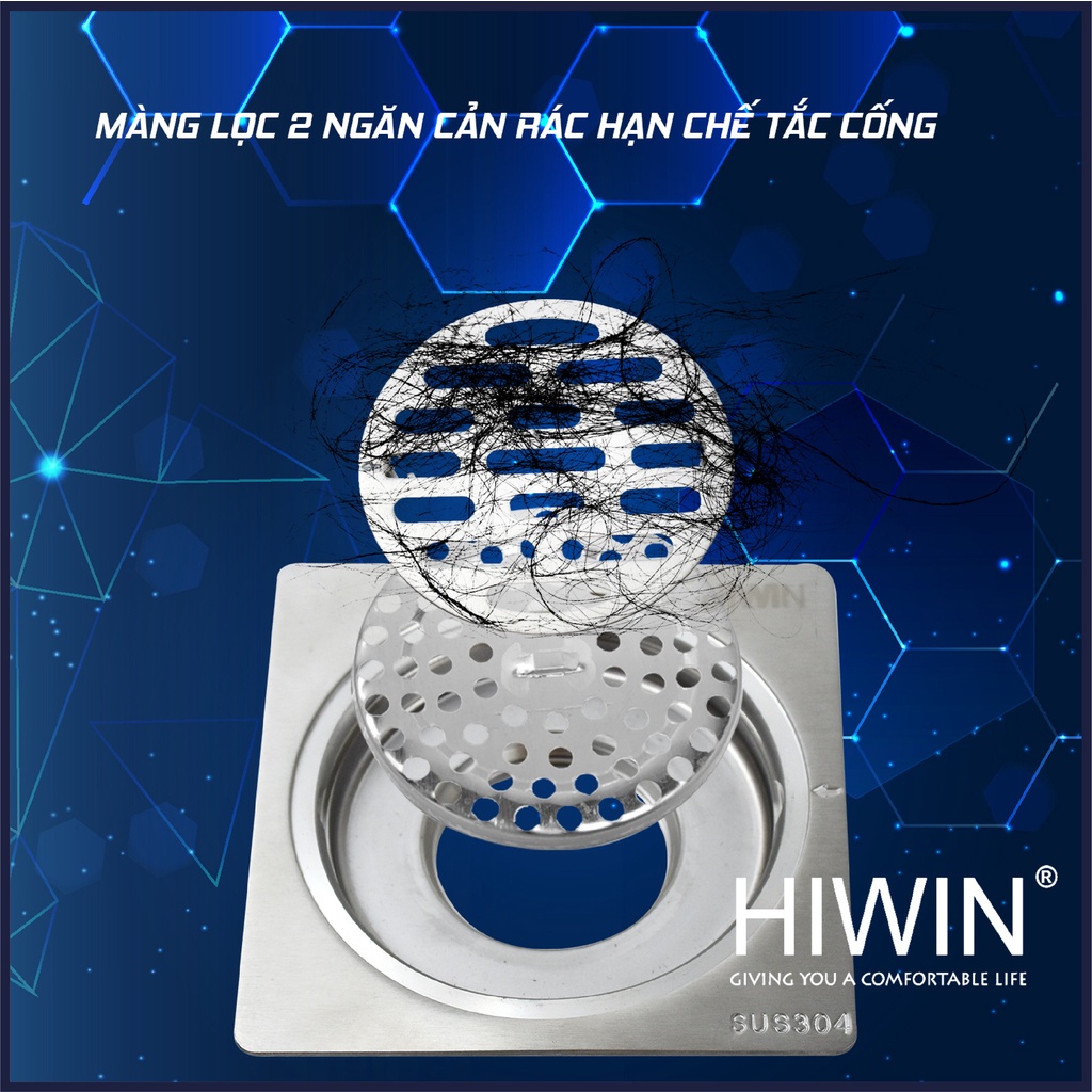 Phễu thoát sàn ngăn mùi hôi thoát nước nhanh inox 304 HIWIN FD-1001
