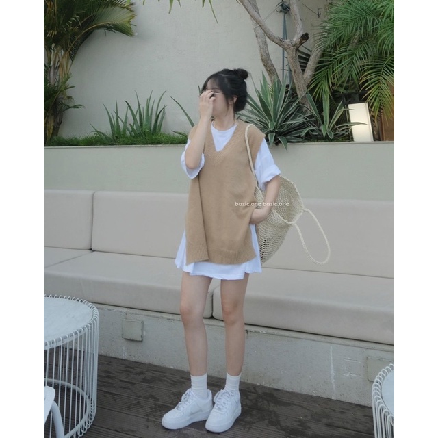 Áo len gile nữ trơn cổ tim xẻ tà basic Quảng Châu vintage mùa đông BZ098