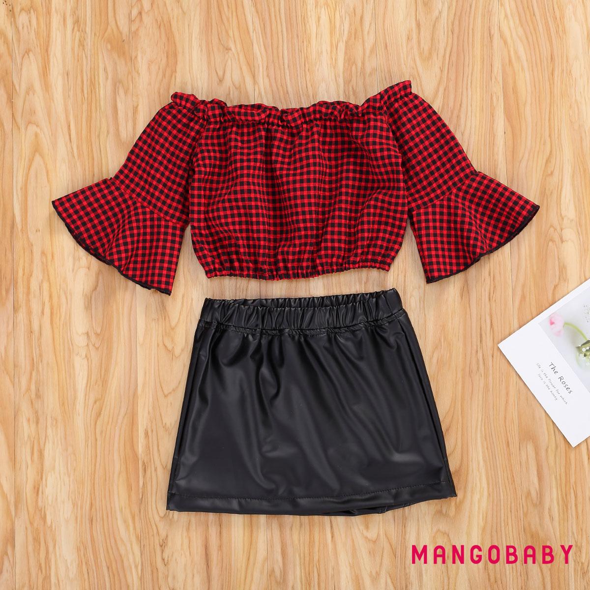 MG-Toddler Kid Girls 2 Pcs Summer Outfits, Off Shoulder Flared Sleeve Plaid Blouse + Black Leather Skirt Clothes Set