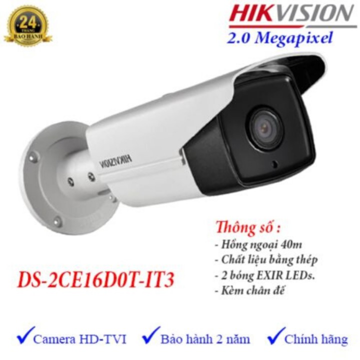 Camera HDTVI thân hồng ngoại xa 40m  Hikvision DS-2CE16D0T-IT3(C) 2Megapixel - Hàng chính hãng - Bảo hành 2 năm