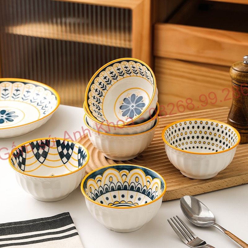 Chén Dĩa Sứ Bát Ăn Cơm Đĩa Sứ Decor trang trí Bát cơm họa tiết thổ cẩm mới lạ độc đáo cho gia đình