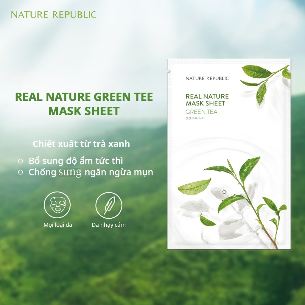 Combo 5 Mặt Nạ Giấy Cấp Ẩm, Ngừa Mụn, Săn Chắc Da Nature Republic Real Nature Mask Sheet 23ml x 5 - Green tea