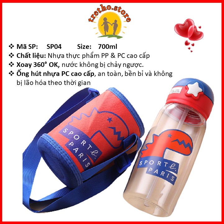 Bình nước cho bé đi học có nặp đậy dây đeo ống hút 700ml nhựa thực phẩm PP cao cấp