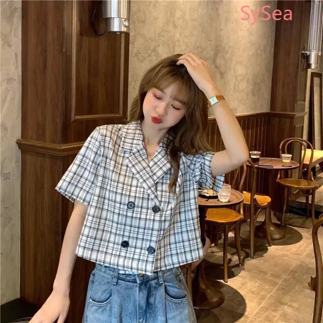 Áo sơ mi croptop tay ngắn kẻ sọc ca rô kiểu Hàn Quốc cho nữ | BigBuy360 - bigbuy360.vn