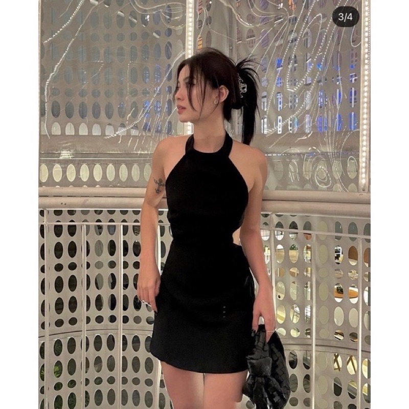 Váy đầm nữ hở lưng dạng yếm dáng xòe cài cúc màu đen thun cotton borip 1 sexy phong cách sang chảnh hàn VD141