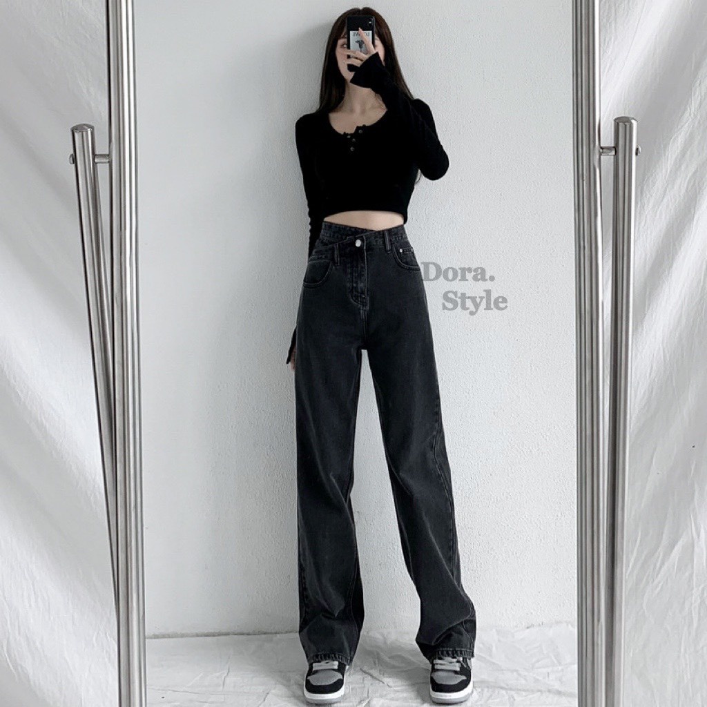Quần Cạp Chéo - Quần Jeans Ống Rộng Xanh - Quần Ống Rộng Nữ Dáng Suông 1 Cúc Cạp Chéo Ulzzang