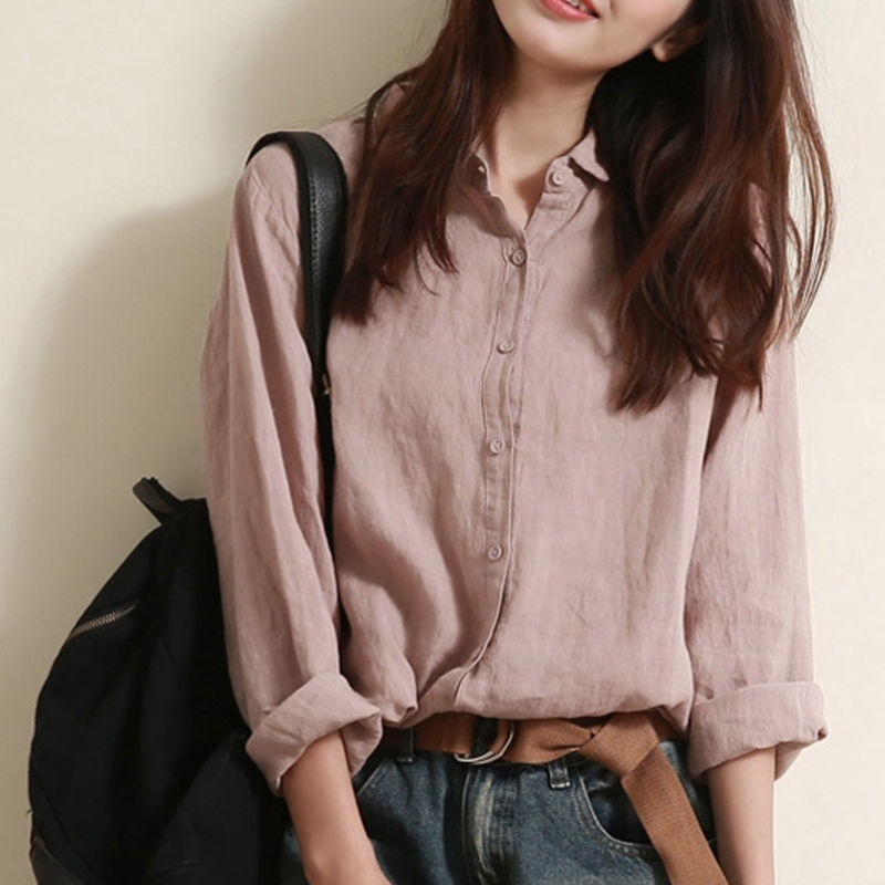Áo Sơ Mi Vải Lanh Cotton Tay Dài Dáng Rộng Phong Cách Mới Cho Nữ