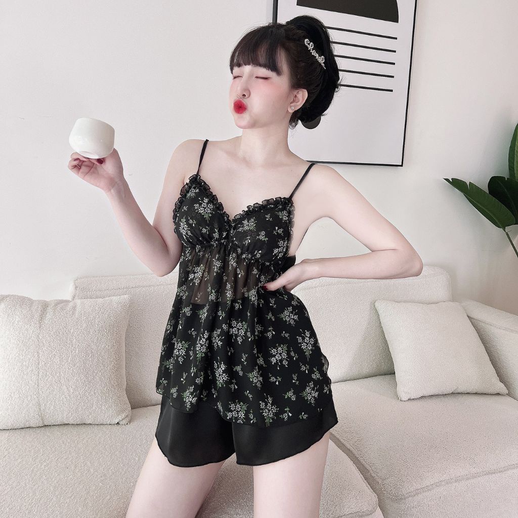 Đồ ngủ nữ mút ngực MIKY,  Đồ ngủ sexy lụa Chiffon phối Satin cao cấp mềm mại xinh xắn &lt; 63KG