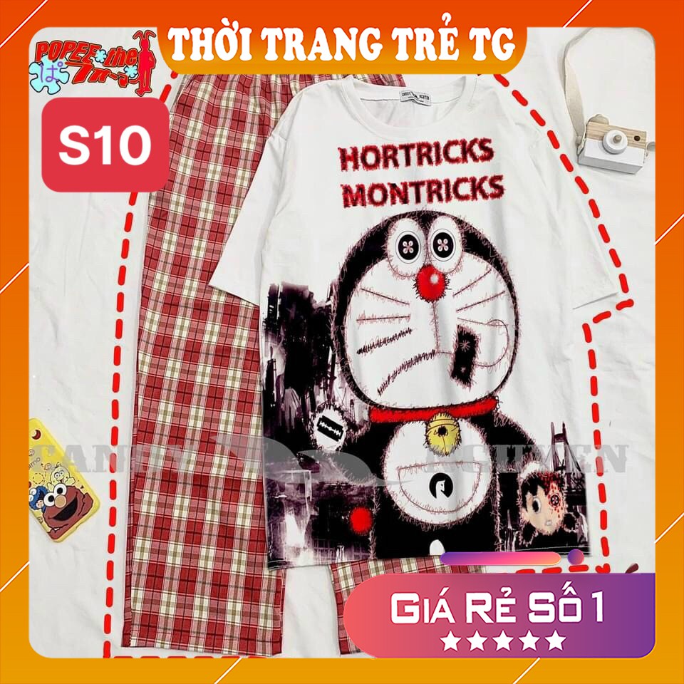 Đồ bộ nữ 𝑭𝒓𝒆𝒆𝒔𝒉𝒊𝒑 Set Đồ Bộ Quần Sọc Caro Ống Rộng S07 Hình Cartoon Trà Sữa Freesize Form Rộng Cực Thoáng Mát