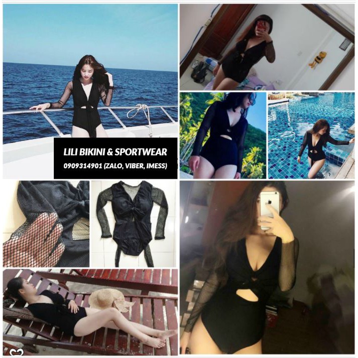 (Có sẵn, video, có BIG SIZE) Bikini đen lưới sexy Đồ bơi một mảnh Bộ Bơi Tay Dài Đẹp