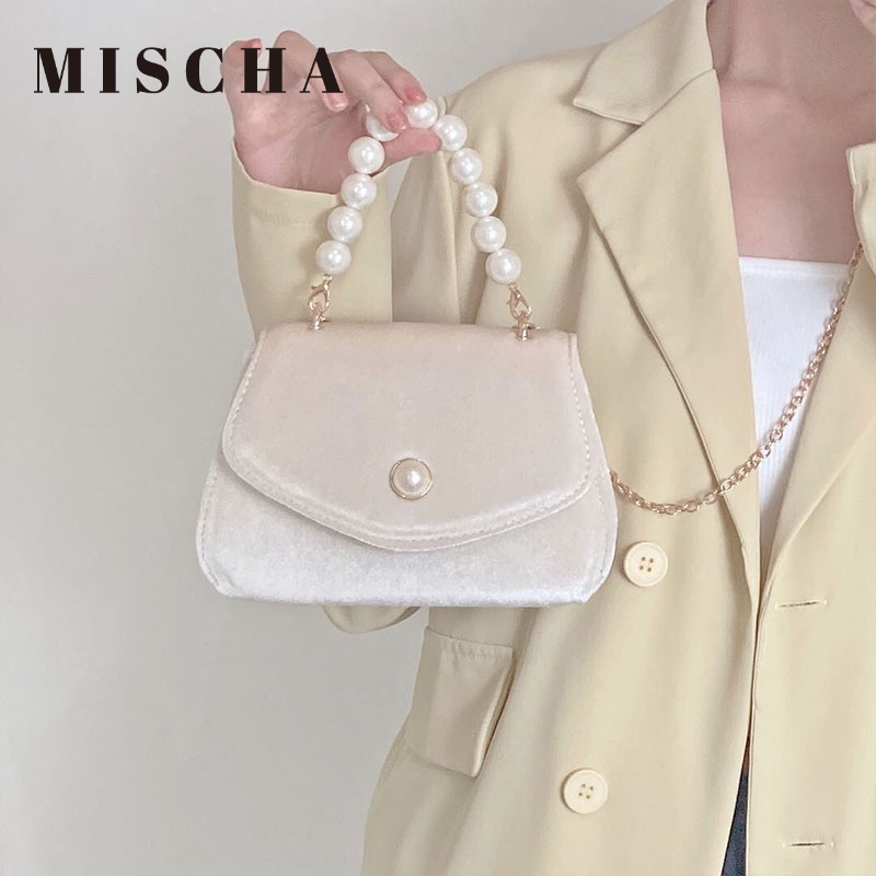 MISCHA Túi Đeo Vai Màu Trơn Chất Liệu Nhung Đính Ngọc Trai Thời Trang Cho Nữ