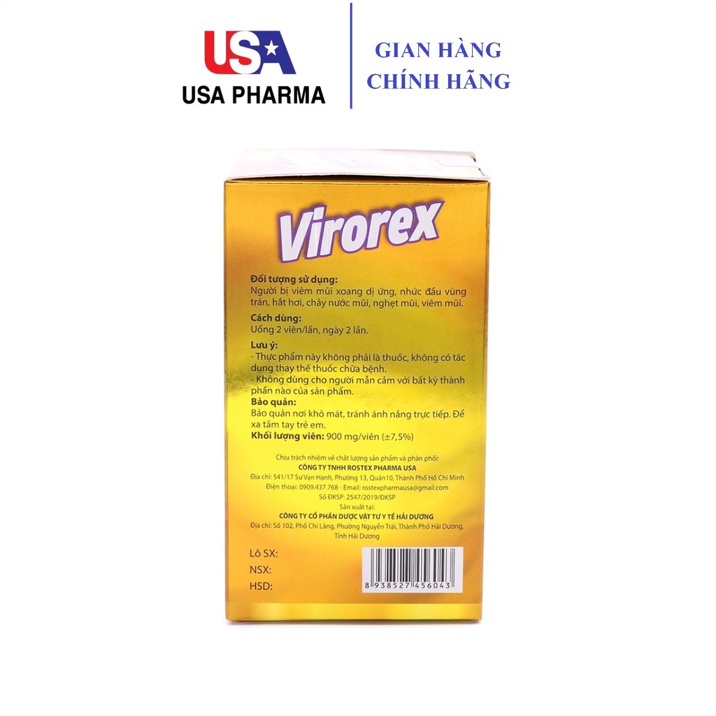 Viên uống VIROREX giảm ngạt mũi, tắc mũi, chảy nước mũi - Hộp 60 viên