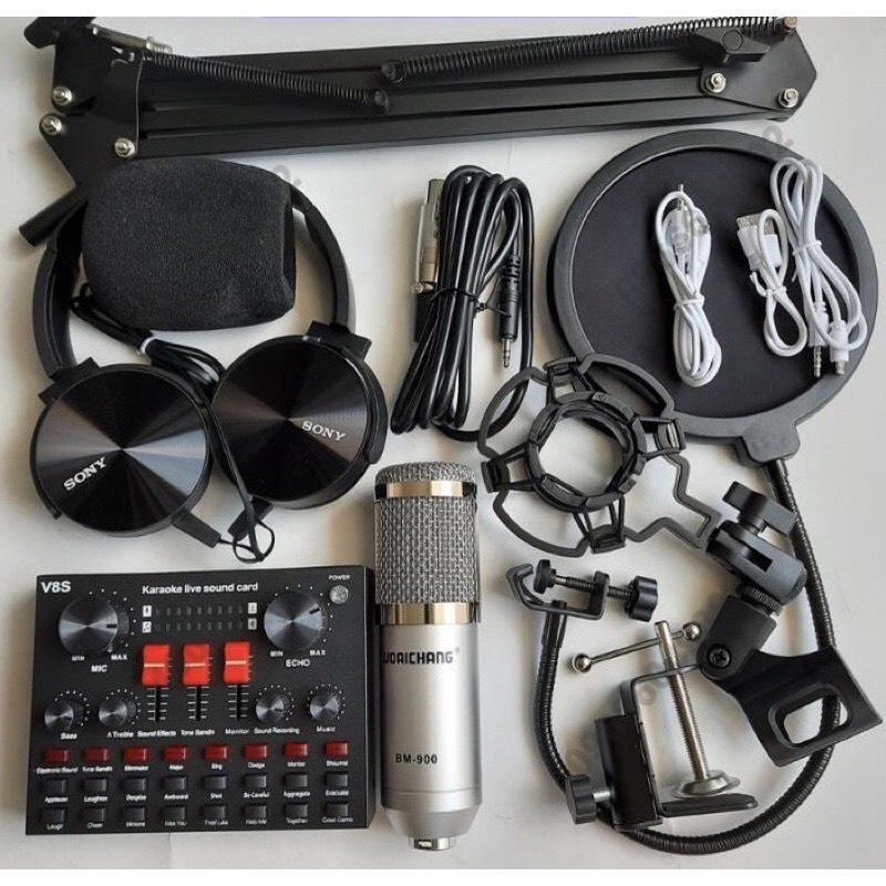Bộ Combo Đầy Đủ Hát thu âm Karaoke BM900 + CARD V8S+ Bản Mới Nhất 2022 , Chân Màng Tai Nghe Chụp Tai Bảo Hành 6 tháng.