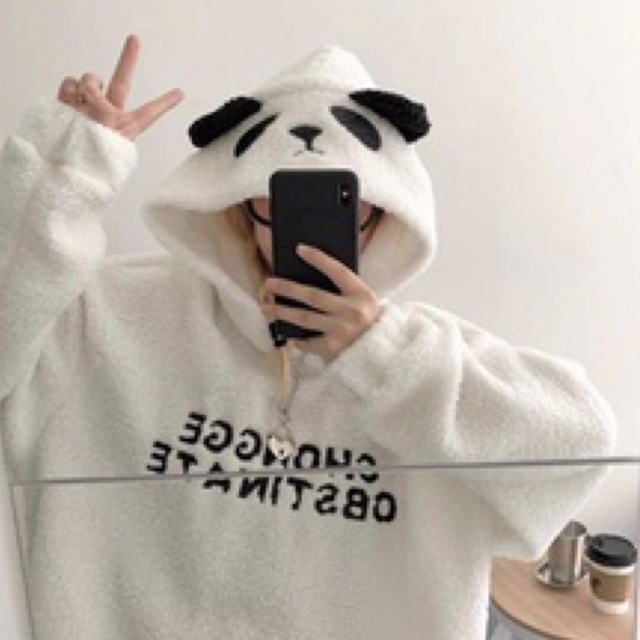 áo hoodie lông mũ tai gấu trúc panda thêu chữ ngực DH | BigBuy360 - bigbuy360.vn