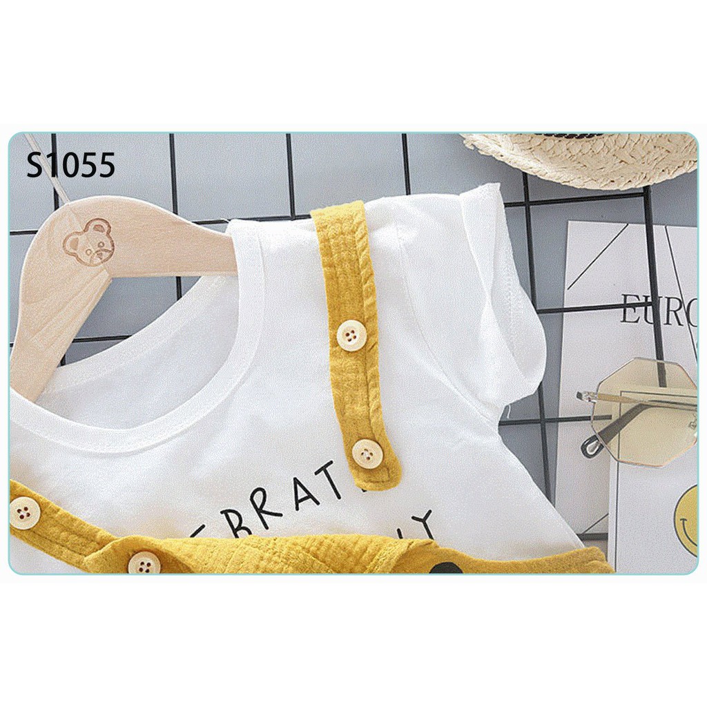Set áo thun trắng quần yếm kaki mặt gấu túi koala 2 màu vàng nghệ vàng kem cho bé từ 10 tháng 8 ký đến 16 ký