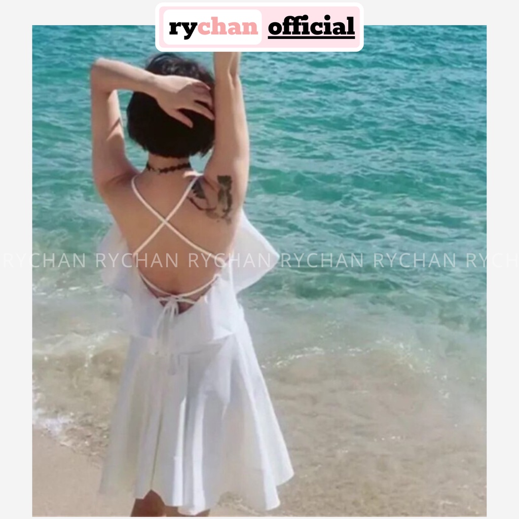 DX985 - Đầm Xòe Trắng Hai Dây Hở Lưng Đi Biển