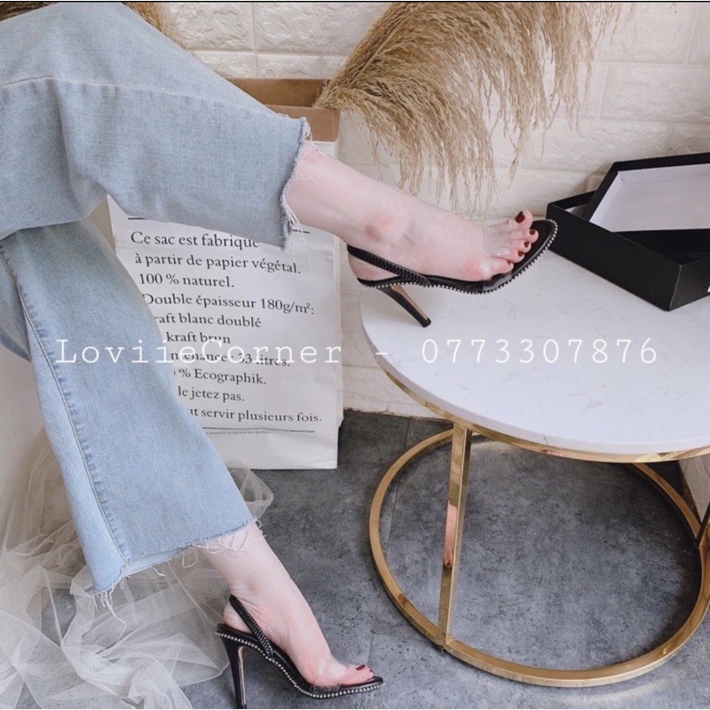 LOVIIECORNER - GIÀY SANDAL CAO GÓT 9 PHÂN QUAI TRONG  VIỀN BI- SANDAL CAO GÓT 9P QUAI TRONG MŨI TRÒN G191236