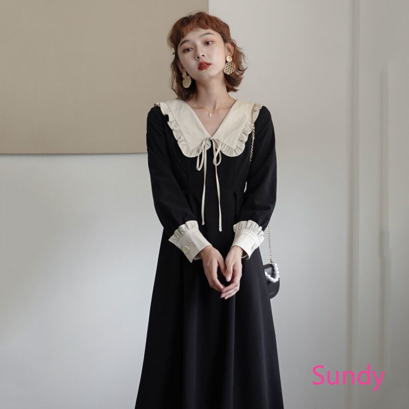 Đầm tay dài màu đen phong cách retro Pháp thời trang mùa thu xinh xắn cho nữ | BigBuy360 - bigbuy360.vn