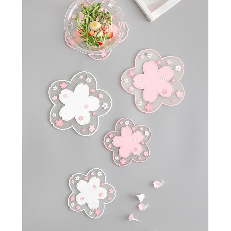 Miếng lót ly chống trượt hình Hoa anh đào pvc cao cấp size 11cm, 16cm