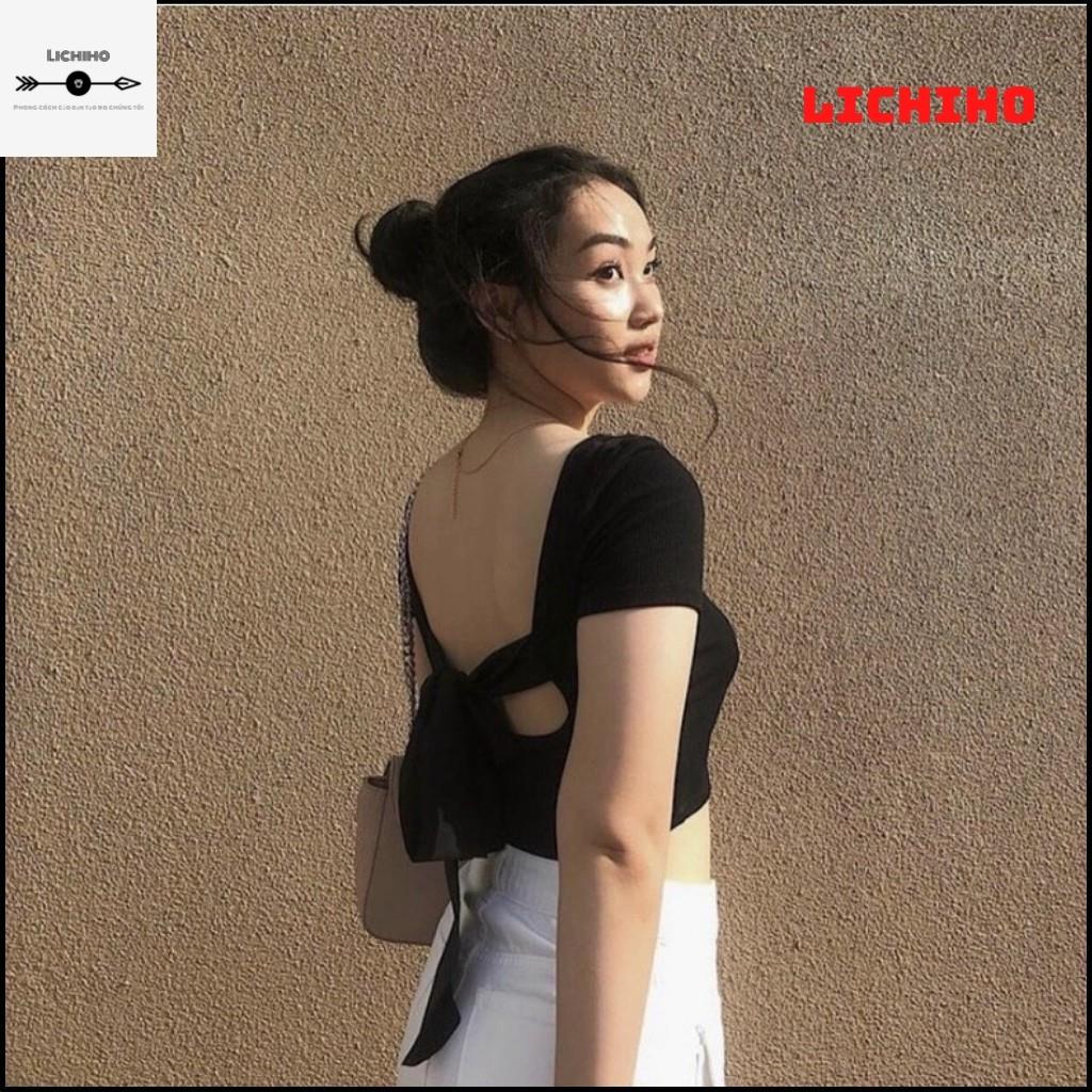 Áo croptop cổ vuông buộc nơ sau lưng CT10 LICHIHO áo thun nữ mềm mịn quyến rủ | BigBuy360 - bigbuy360.vn