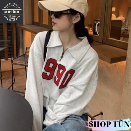 Áo sweater polo dài tay unisex dưới 80kg chất thun SHOP TŨN - Áo polo dài tay phối khóa cổ 1990