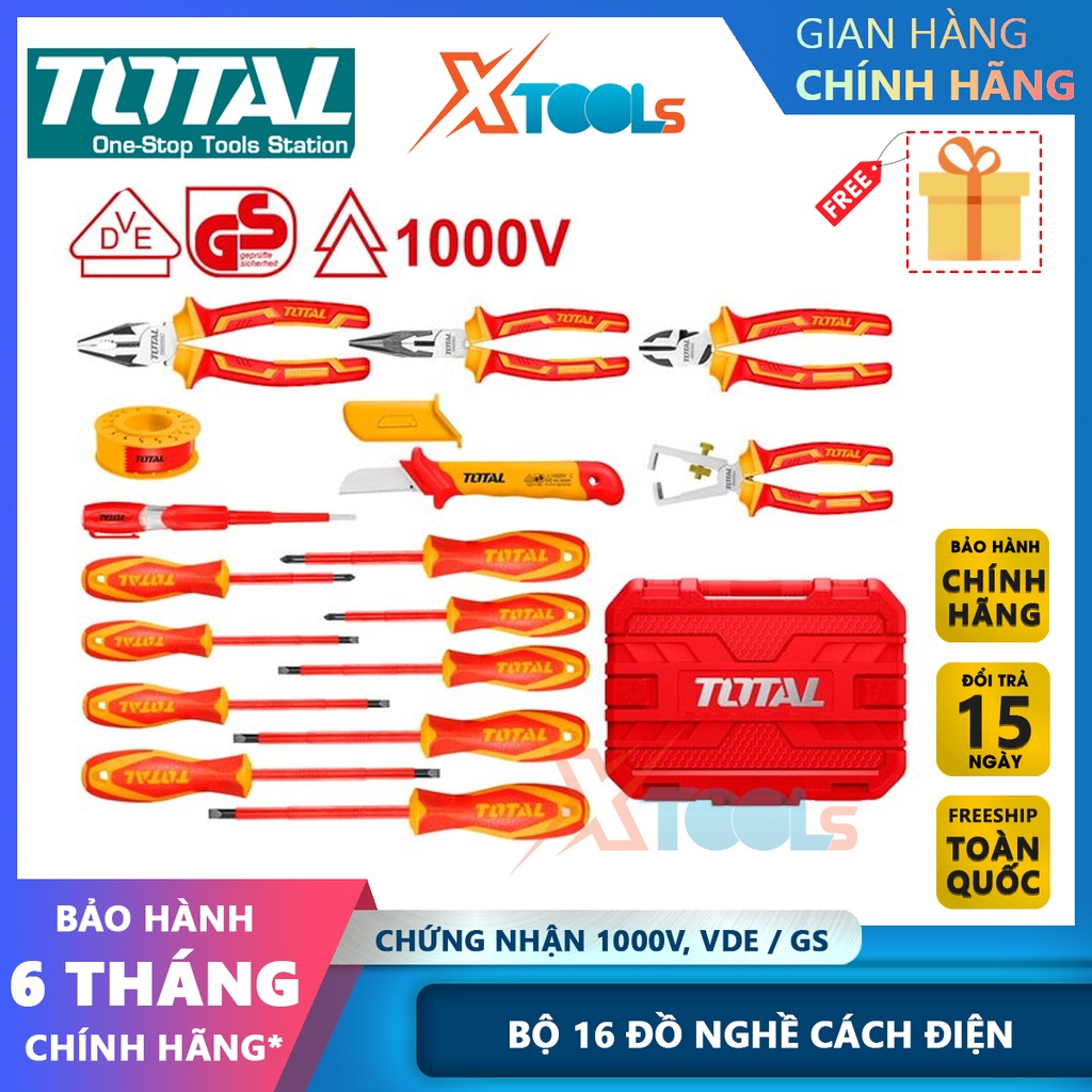 Bộ 16 công cụ dụng cụ cách điện TOTAL THKITH1601, bộ 16 chi tiết cách điện có chứng nhận 1000V, VDE/GS-CHÍNH HÃNG-XTOOLS