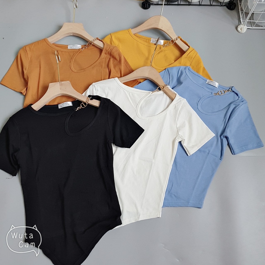 Áo thun nữ dài tay trơn ôm body phối xích cổ sang chảnh,chất bozip dày dặn loại 1 A44 7 màu(tayb dài,tay cộc)