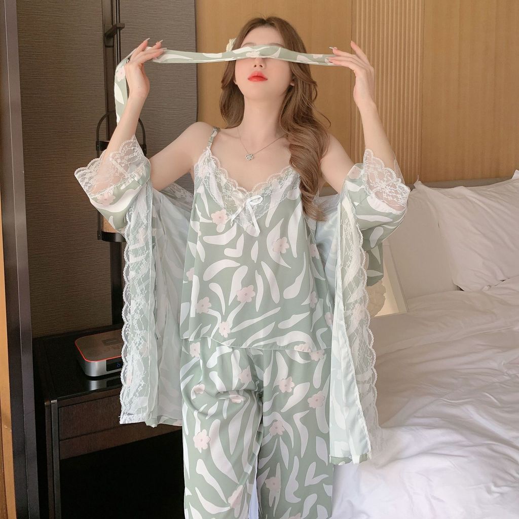 Bộ Đồ Ngủ Lụa Ba Mảnh Tay Dài Phong Cách Hàn Quốc Gợi Cảm Hàng Mới 2022
