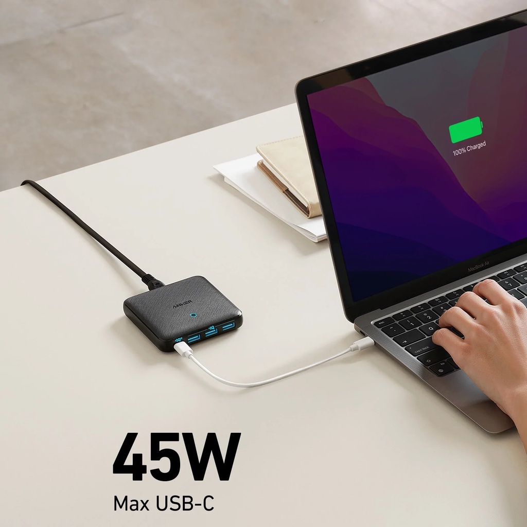 Sạc Anker 4 Cổng PowerPort Atom III Slim 65w PIQ 3.0& GaN Sạc nhanh Type C 45W  - A2045 Bảo hành 12 tháng Sạc Để Bàn
