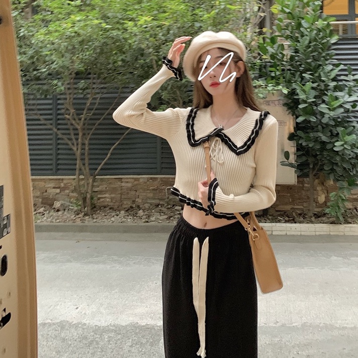 Áo dệt kim ZHELIHANGFEI tay dài cổ búp bê hở eo quyến rũ trẻ trung cho nữ