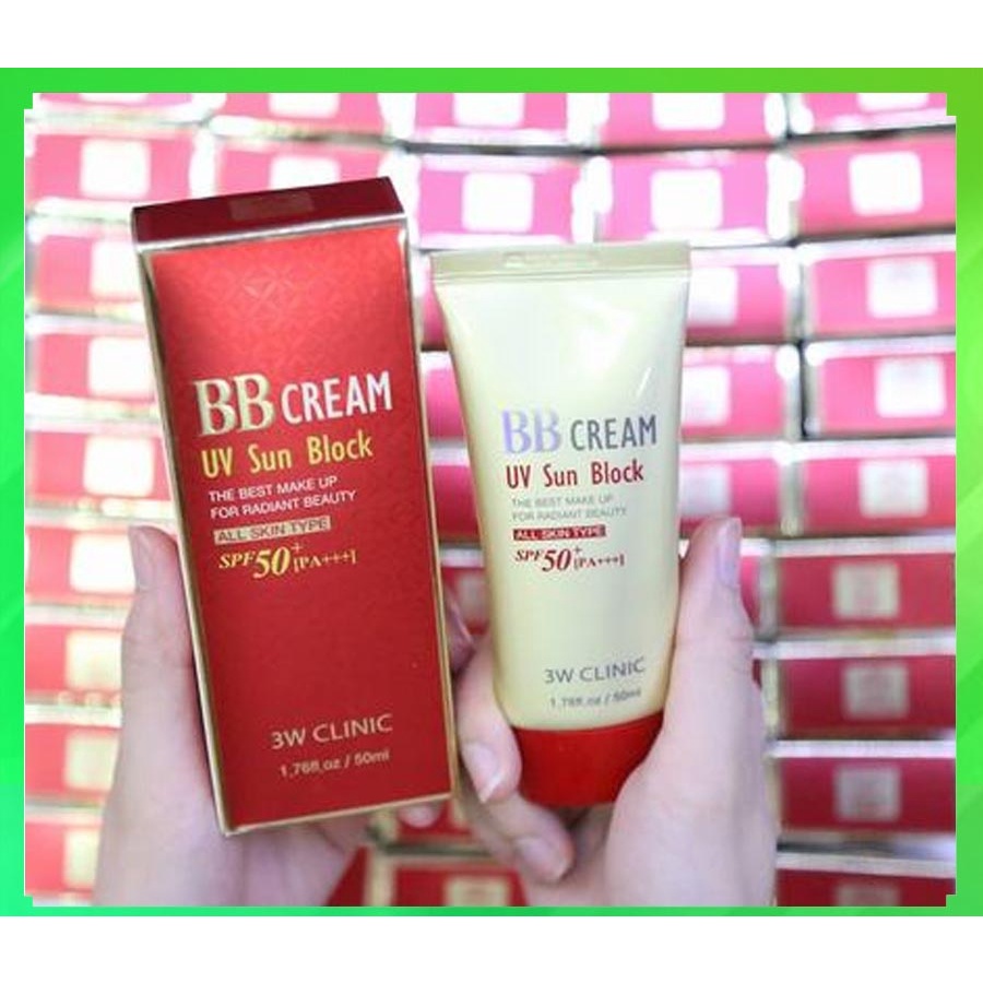 Combo 2 Hộp Kem Nền Trang Điểm Lên Tông, Kiềm Dầu Lâu Trôi BB Cream UV Sun Block 3W Clinic Hàn Quốc 50ml * VỎ ĐỎ*