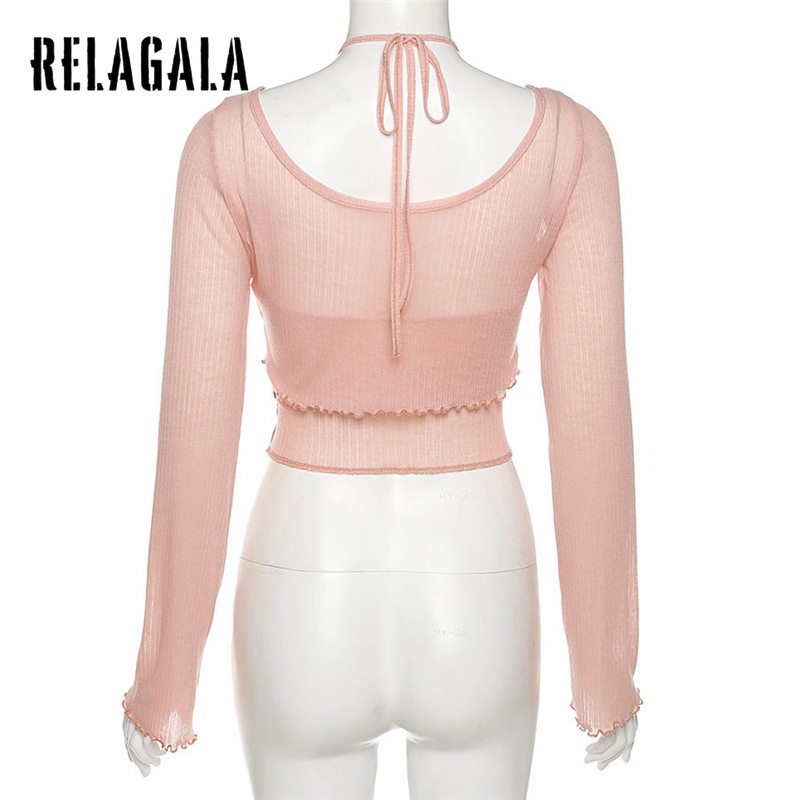 Relagala Áo Tank Top Tay Dài Dáng Ôm Màu Tương Phản In Họa Tiết Thời Trang Cho Nữ