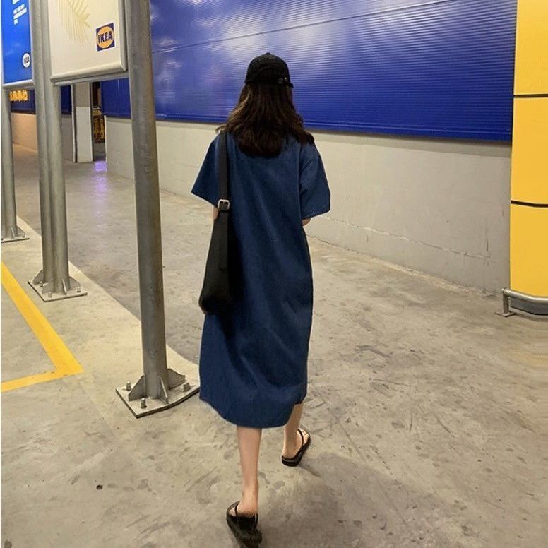 Đầm denim tay ngắn thời trang mùa hè thoải mái dành cho nữ