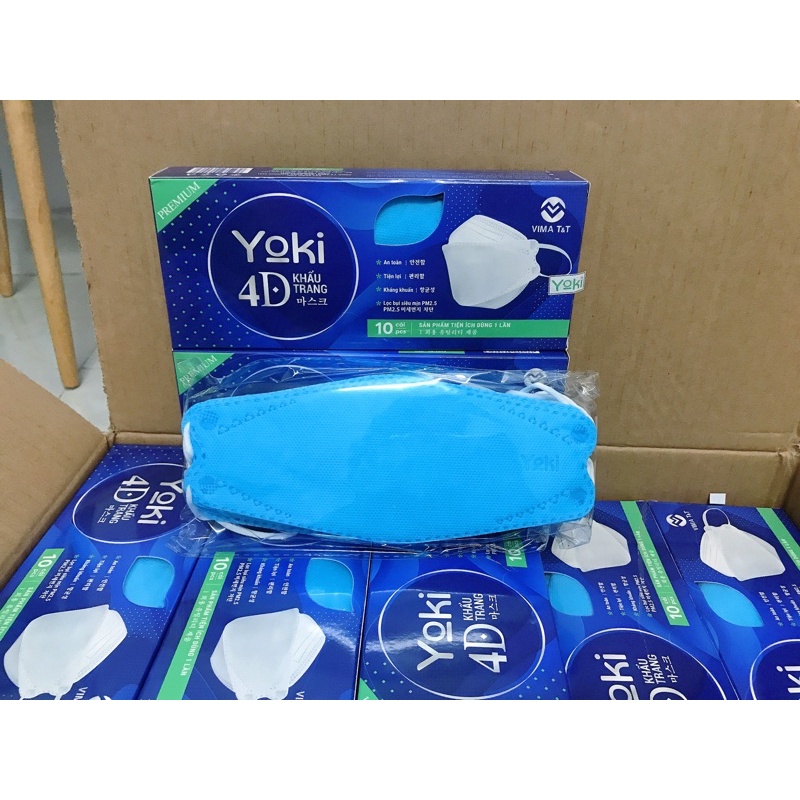 [Giá 1 cái 1.7k] Khẩu trang 4D YOKI Premium kháng khuẩn 1 hộp 10 cái màu xanh
