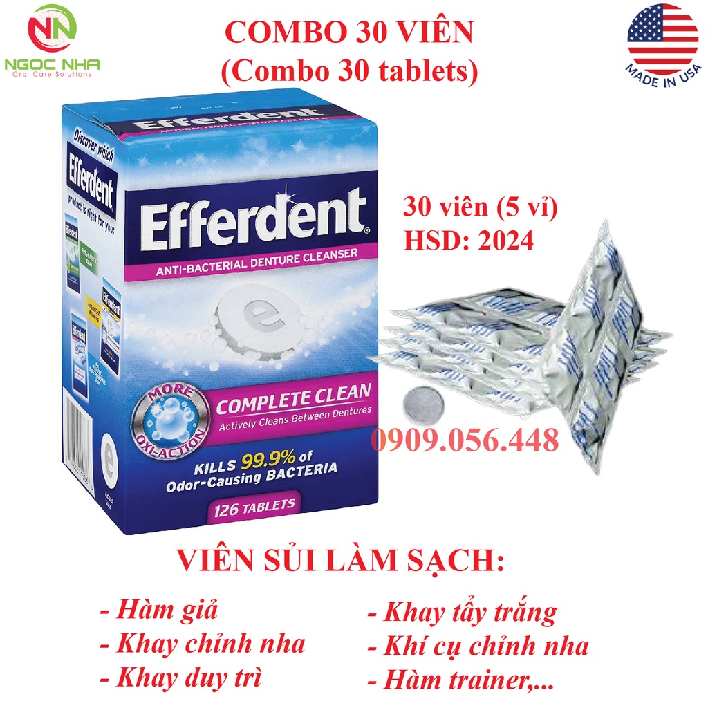 Combo 30 viên sủi làm sạch răng giả, khay chỉnh nha Effedent/ Piksters