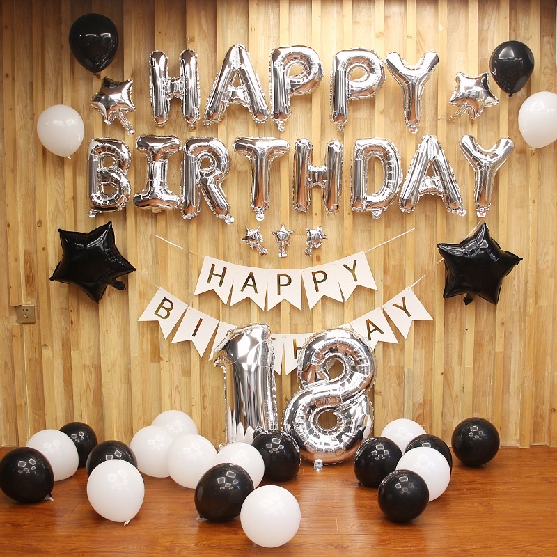 [Tặng Số Tuổi] Set Bóng Bay Trang Trí Sinh Nhật DD01 Tông Đen Bạc