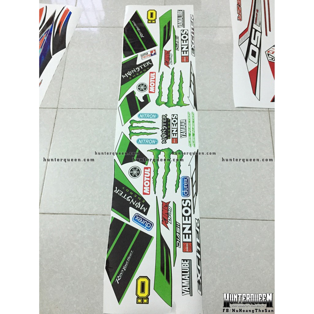 Tem xe Exciter 150 Monster, dán xe đen, tem xanh lá